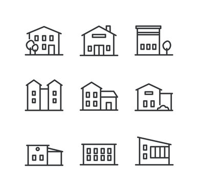 Buildings line editable stroke icons set. Vector illustration