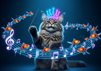 Fantasy Cat Conducting Music Underwater with Fish