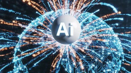 P38-Ai technology circuit board globe. Artificial Intelligence white sphere logo. Machine learning intel 4K 10s