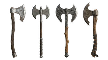 Four Fantasy Medieval Warrior Axes Isolated on White