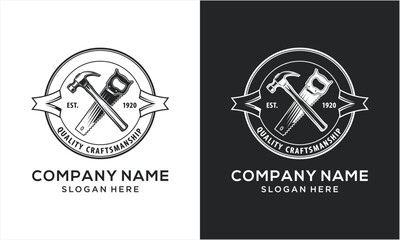 Vintage Carpenter Hammer Saw Logo Design.