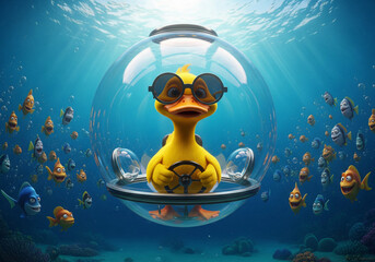 Cartoon Duck in Underwater Pod Surrounded by Fish