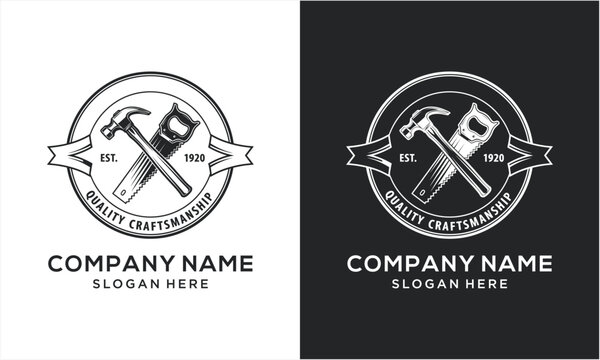 Vintage Carpenter Hammer Saw Logo Design.