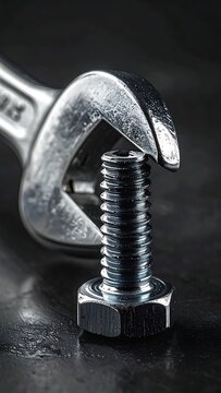Shiny wrench partially gripping a bolt and nut on a rough, metallic surface, close-up still life
