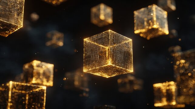 Abstract glowing golden wireframe cubes floating in dark space, blockchain and technology concept - Powered by Adobe