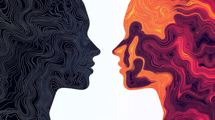 The contrasting silhouettes of two faces, one black and the other orange, facing each other AI Generative
