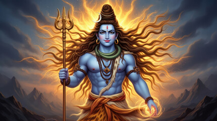 Obraz premium Divine Shiva with Flowing Hair, Blue Skin, Third Eye, Trident & Fire Amid Dark Clouds & Mountains