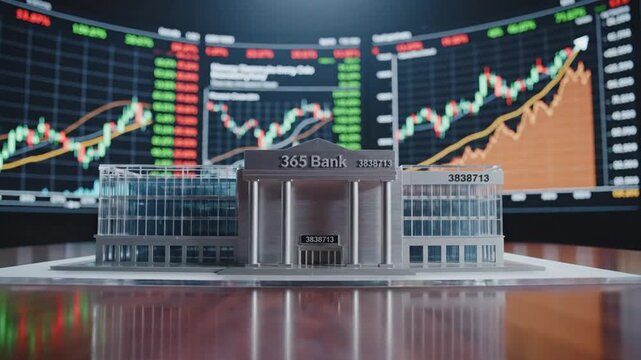 P365-bank model on the table with stock market background financial institutions that control monetary a 4K 10s