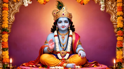 Obraz premium Majestic Krishna Blessing on Janmashtami - Red and Gold Attire, Ornate Golden Pillars, Candlelit Glow