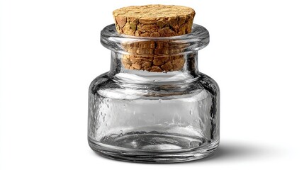 Small clear glass vial sealed with a textured natural cork stopper on white background