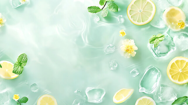 Fresh summer drink background top view, sliced lemon mint leaves and ice cubes floating on rippling water, yellow flowers, healthy detox fresh concept, cool minty texture.