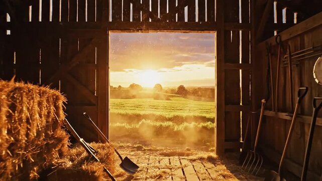 P359-the inside of a barn with door open looking into the fields at golden hour hay bales instruments a 4K 10s