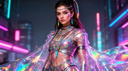 Fototapeta premium Futuristic Tribal Warrior Woman in Holographic Iridescent Attire Against Neon City Glow - Empowered Style, Techno Glamour, Freedom