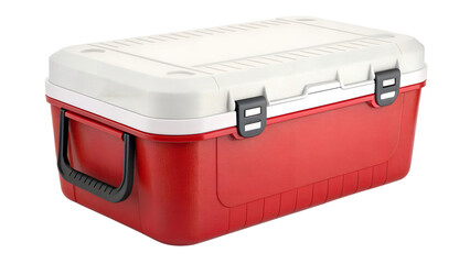 Large Red and White Portable Plastic Cooler Box for Camping and Picnics Isolated on White