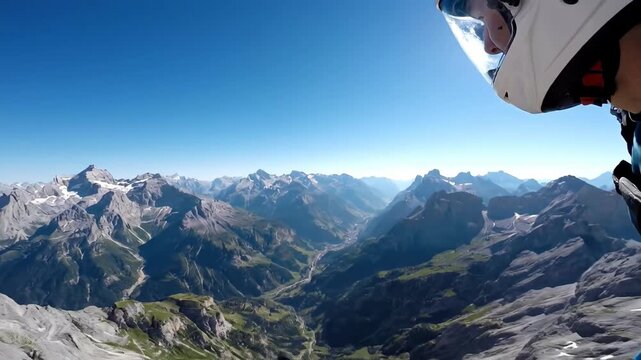 Epic mountain base jumping adventure with stunning aerial views and helmet cam footage.
