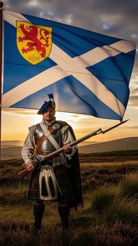 Scottish Highlander Holding Flag in Traditional Attire at Sunset Landscape