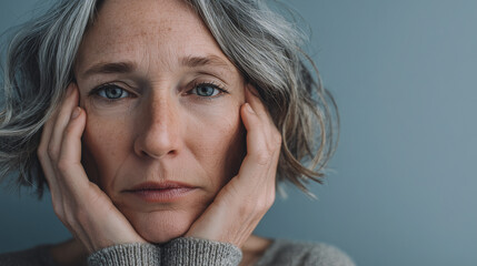 Adult woman with subtle anxiety expressing concern against blue background  