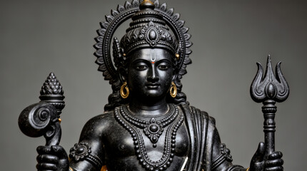 Obraz premium Dark Stone Hindu Deity Statue from Ramayana Mythology with Trident, Ornate Headdress, Gold Jewelry - Flat Angle Detail
