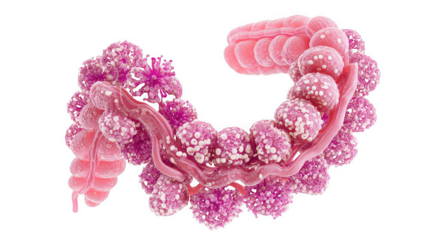 Microscopic view of crohn's disease bacteria growing and multiplying, creating an intricate pattern resembling coral, on a transparent background, ideal for medical and scientific illustrations