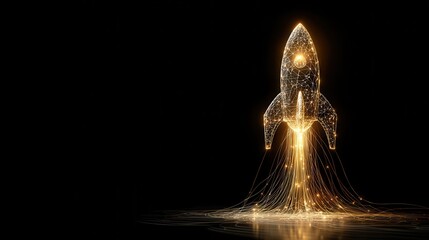 Digital rocket launch with glowing network connections on a dark background