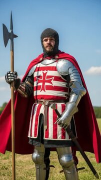 Medieval Knight in Armor with Halberd on Open Field, Traditional Costume, Historical Recreation