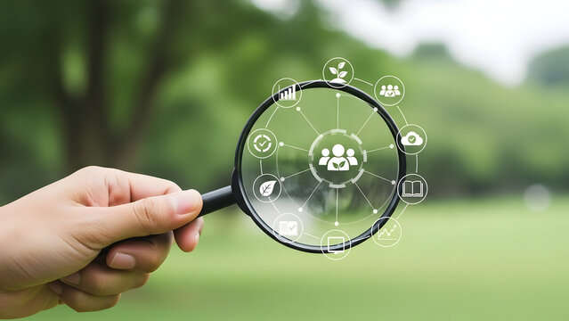 Hand holding magnifying glass with icons and blurred green background - Powered by Adobe