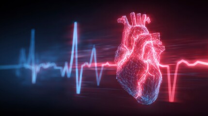 A luminous, anatomical heart model glows with red light, alongside a dynamic heartbeat wave, against a dark, futuristic background