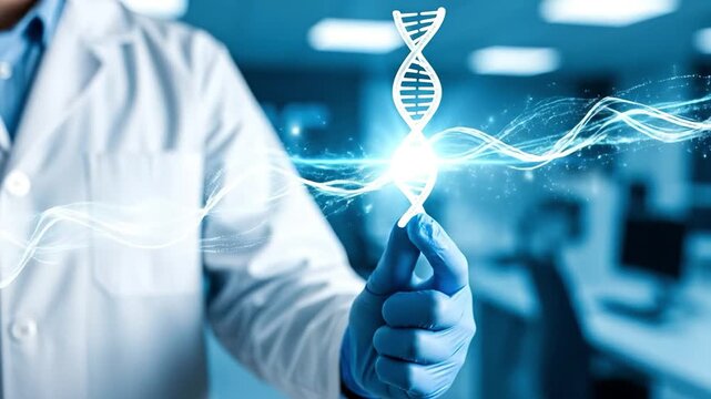 Scientist in Lab Coat and Blue Gloves Holding a Glowing DNA Helix in a Futuristic Research Laboratory Setting, Representing Genetic Engineering and Biotechnology Innovation