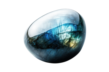 Labradorite gemstone in mystical iridescent colors with dark blue and green hues in close-up shot for luxury jewelry isolated on transparent background