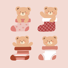 vector , illustration of 4 different characters of  cute bears in socks   