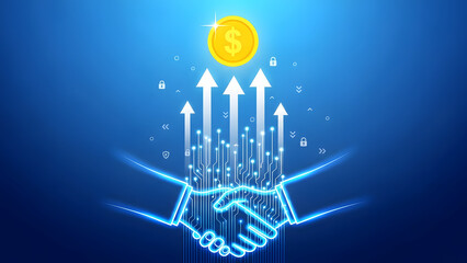 Business partnership and growth concept with handshake and arrows on blue background