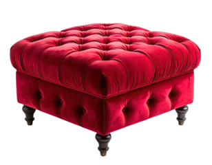 A plush, square ottoman, upholstered in rich crimson velvet, with button tufting and dark wooden legs