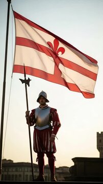Historical Male Soldier in Traditional Armor Displaying Flag Outdoors During Sunset