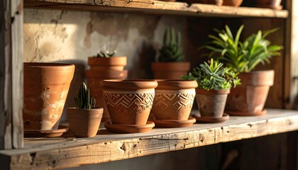 Rustic terracotta pots filled with various succulents and plants displayed on a weathered wooden shelf, creating a charming and natural home decor vignette