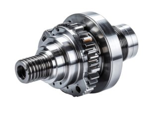 Close-up of a precision-engineered metallic mechanical component with gears and threaded shaft