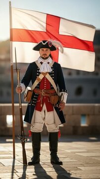 British Soldier in Historical Uniform Holding Flag &ndash; 18th Century Military Reenactor