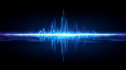 A vibrant, neon-blue waveform pulsates against a stark black backdrop. It's a graphical representation of sound