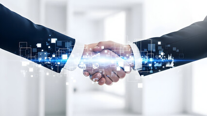 Business partnership handshake with digital interface in modern office space