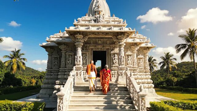 P341-small hindu temple with white marble on senic green landscape with blue sky 4K 10s