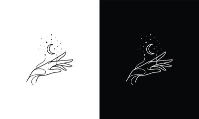 Minimalist Hand Reaching for Moon and Stars Line Art.