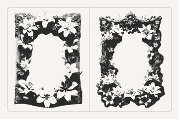 Grunge decorative frame with decorative lilies black and white vector texture illustration, perfect for posters, banners, and retro design.