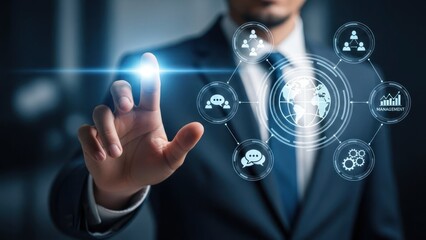 Businessman interacts with glowing digital interface showing global network icons.
