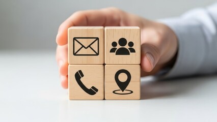 Hand holds wooden blocks with communication icons for contact.