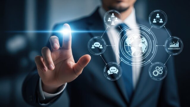 Businessman interacts with glowing digital interface showing global network icons. - Powered by Adobe