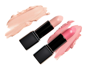 Three lipsticks in shades of pink, peach, and coral are isolated on a transparent background, ready to enhance beauty and provide vibrant color options for any makeup look