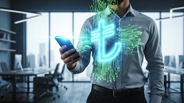 Businessman holding smartphone with glowing digital Turkish Lira symbol, representing online banking and financial technology in a modern office environment