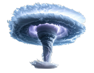 A towering cloud formation, shaped like a mushroom, with visible lightning and swirling vortex