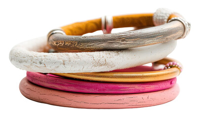 Bright and colorful bangles are beautifully arranged in a stacked formation on a transparent background, showcasing their unique designs and textures, perfect for fashion accents