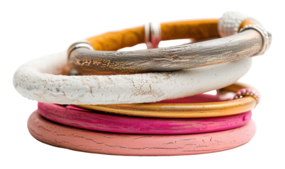 Bright and colorful bangles are beautifully arranged in a stacked formation on a transparent background, showcasing their unique designs and textures, perfect for fashion accents