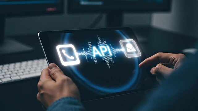 Person's hand interacting with a digital tablet displaying API connection between phone and message icons in a tech environment